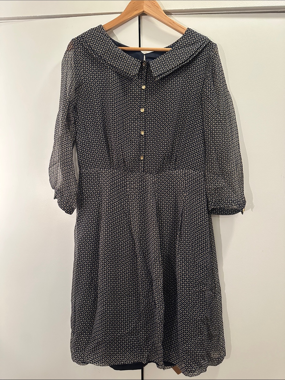 Blue and Yellow and White Patterned Collared Womens Silk Flowy Dress